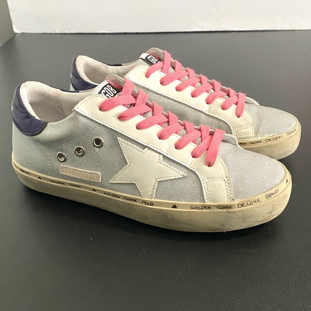 Golden Goose Deluxe Brand Hi Star Sneakers Size 40 US 10 Silver Checked Glitter - Picture 6 of 16